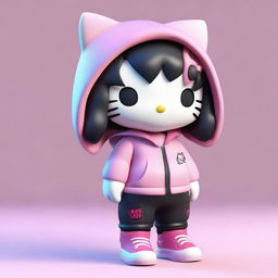 A semi-realistic 3D depiction of Hello Kitty with medium length hair that is split dyed pink and black