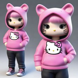 A semi-realistic 3D depiction of Hello Kitty with medium length hair that is split dyed pink and black