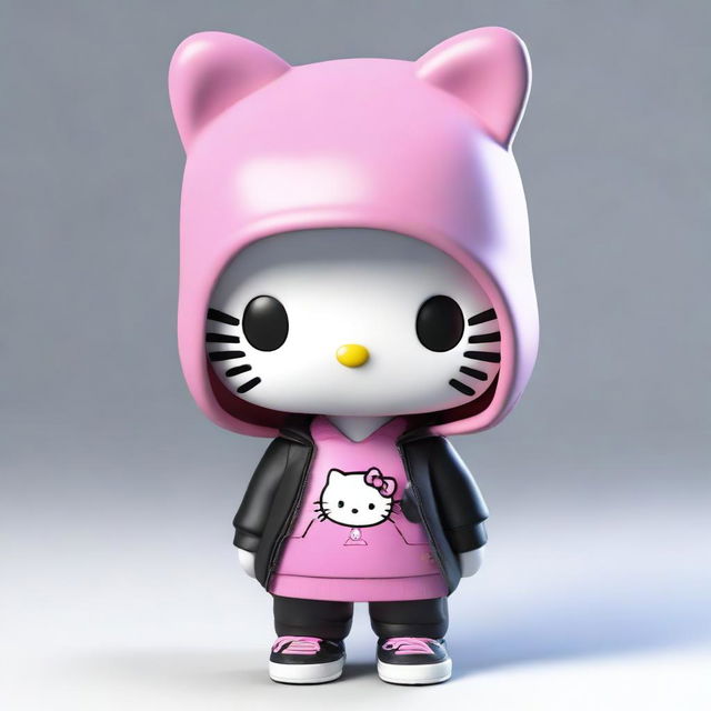 A semi-realistic 3D depiction of Hello Kitty with medium length hair that is split dyed pink and black