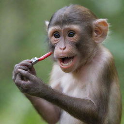 A playful monkey holding a harmless, non-sharp toy razor