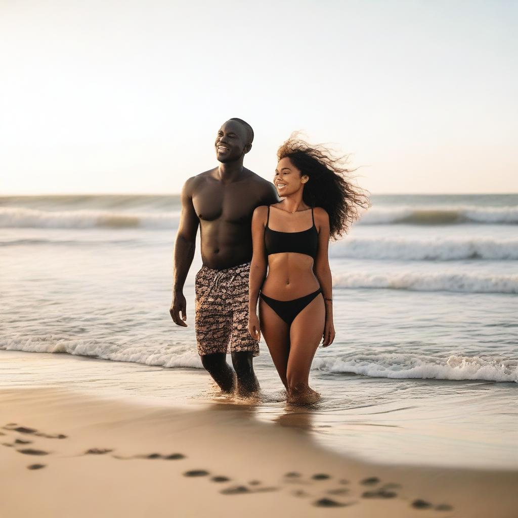 A woman and a man with a dark complexion enjoying their time at the beach, surrounded by the calming waves and the warm sand.