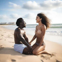 A woman and a man with a dark complexion enjoying their time at the beach, surrounded by the calming waves and the warm sand.