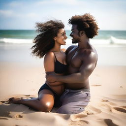 A woman and a man with a dark complexion enjoying their time at the beach, surrounded by the calming waves and the warm sand.