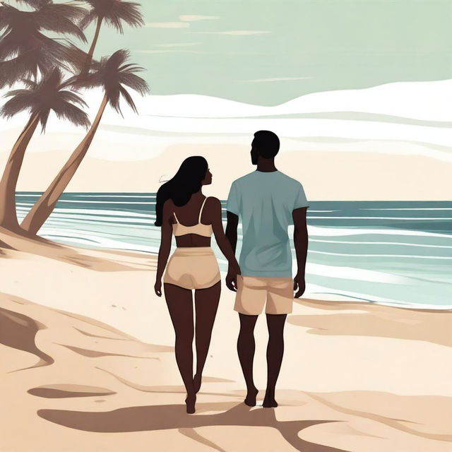 A woman and a man with a dark complexion enjoying their time at the beach, surrounded by the calming waves and the warm sand.