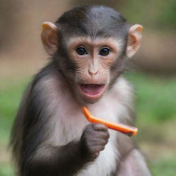 A playful monkey holding a harmless, non-sharp toy razor