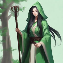 Create a portrait of a hooded yuan-ti female druid with long black hair