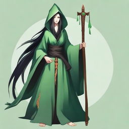 Create a portrait of a hooded yuan-ti female druid with long black hair