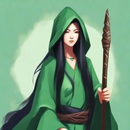 Create a portrait of a hooded yuan-ti female druid with long black hair