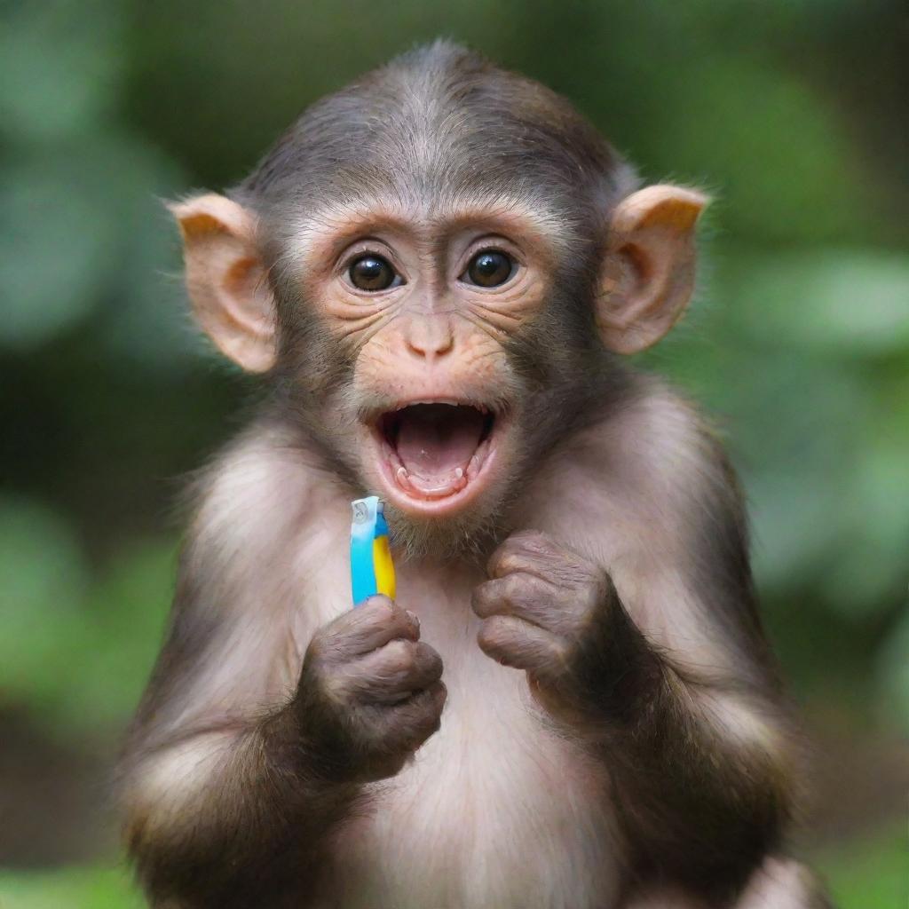 A playful monkey holding a harmless, non-sharp toy razor