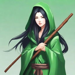 Create a portrait of a hooded yuan-ti female druid with long black hair