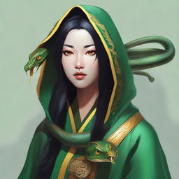 Create a portrait of a hooded yuan-ti female druid with yellow snake eyes and a forked snake tongue