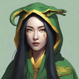 Create a portrait of a hooded yuan-ti female druid with yellow snake eyes and a forked snake tongue