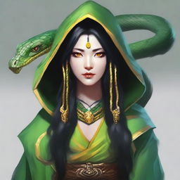 Create a portrait of a hooded yuan-ti female druid with yellow snake eyes and a forked snake tongue