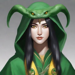 Create a portrait of a hooded yuan-ti female druid with yellow snake eyes and a forked snake tongue