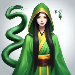 Create a portrait of a hooded yuan-ti female who has the yellow eyes of a snake, long black hair, and is wearing green robes.