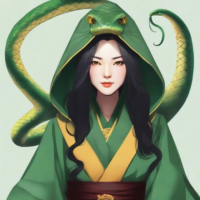 Create a portrait of a hooded yuan-ti female who has the yellow eyes of a snake, long black hair, and is wearing green robes.