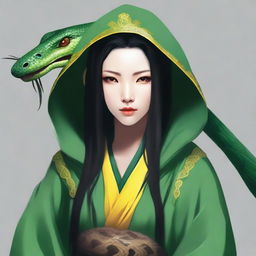 Create a portrait of a hooded yuan-ti female who has the yellow eyes of a snake, long black hair, and is wearing green robes.