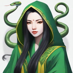 Create a portrait of a hooded yuan-ti female who has the yellow eyes of a snake, long black hair, and is wearing green robes.