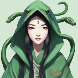 Create a portrait of a hooded yuan-ti female who has the eyes of a snake and long black hair