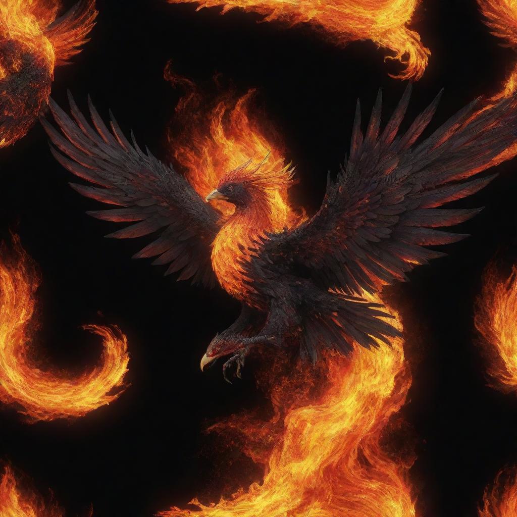 A fiery, aggressive phoenix rendered realistically, made entirely of flames with the emphasis on its powerful beak. Colors are a swirling mix of lava, black, red, and orange.