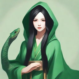 Create a portrait of a hooded yuan-ti female who has the eyes of a snake and long black hair