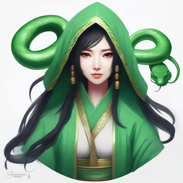 Create a portrait of a hooded yuan-ti female who has the eyes of a snake and long black hair