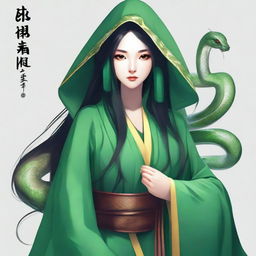 Create a portrait of a hooded yuan-ti female who has the eyes of a snake and long black hair