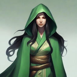 Create a portrait of a hooded Dungeons and Dragons yuan-ti female who has large snake eyes, long black hair, and is wearing green robes