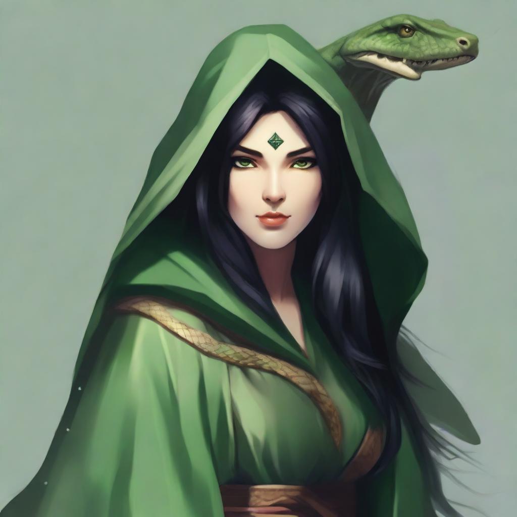 Create a portrait of a hooded Dungeons and Dragons yuan-ti female who has large snake eyes, long black hair, and is wearing green robes