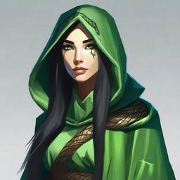 Create a portrait of a hooded Dungeons and Dragons yuan-ti female who has large snake eyes, long black hair, and is wearing green robes