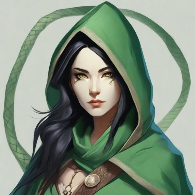 Create a portrait of a hooded Dungeons and Dragons yuan-ti female who has large snake eyes, long black hair, and is wearing green robes