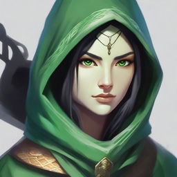 Create a portrait of a hooded Dungeons and Dragons yuan-ti female who has large snake eyes, long black hair, and is wearing green robes