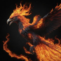 A fiery, aggressive phoenix rendered realistically, made entirely of flames with the emphasis on its powerful beak. Colors are a swirling mix of lava, black, red, and orange.