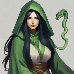 Create a portrait of a hooded Dungeons and Dragons yuan-ti female who has large snake eyes, long black hair, and is wearing green robes