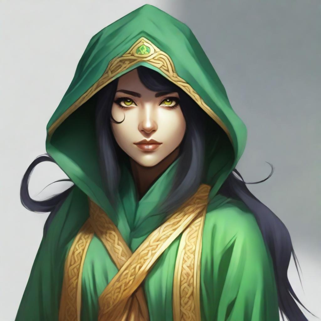 Create a portrait of a hooded Dungeons and Dragons yuan-ti female who has large yellow serpent eyes, long black hair, and is wearing green robes