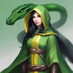 Create a portrait of a hooded Dungeons and Dragons yuan-ti female who has large yellow serpent eyes, long black hair, and is wearing green robes