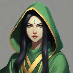 Create a portrait of a hooded Dungeons and Dragons yuan-ti female who has large yellow serpent eyes, long black hair, and is wearing green robes