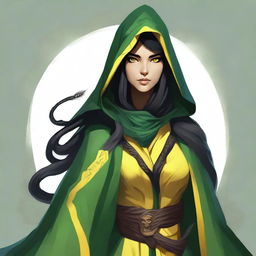 Create a portrait of a hooded Dungeons and Dragons yuan-ti female who has large yellow serpent eyes, long black hair, and is wearing green robes