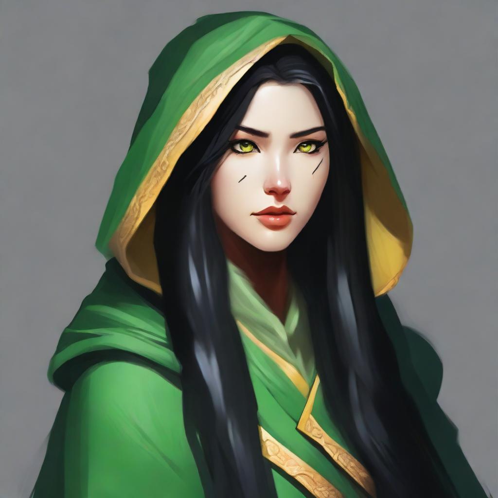 Create a portrait of a hooded Dungeons and Dragons Yuan-ti female character