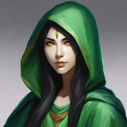 Create a portrait of a hooded Dungeons and Dragons Yuan-ti female character