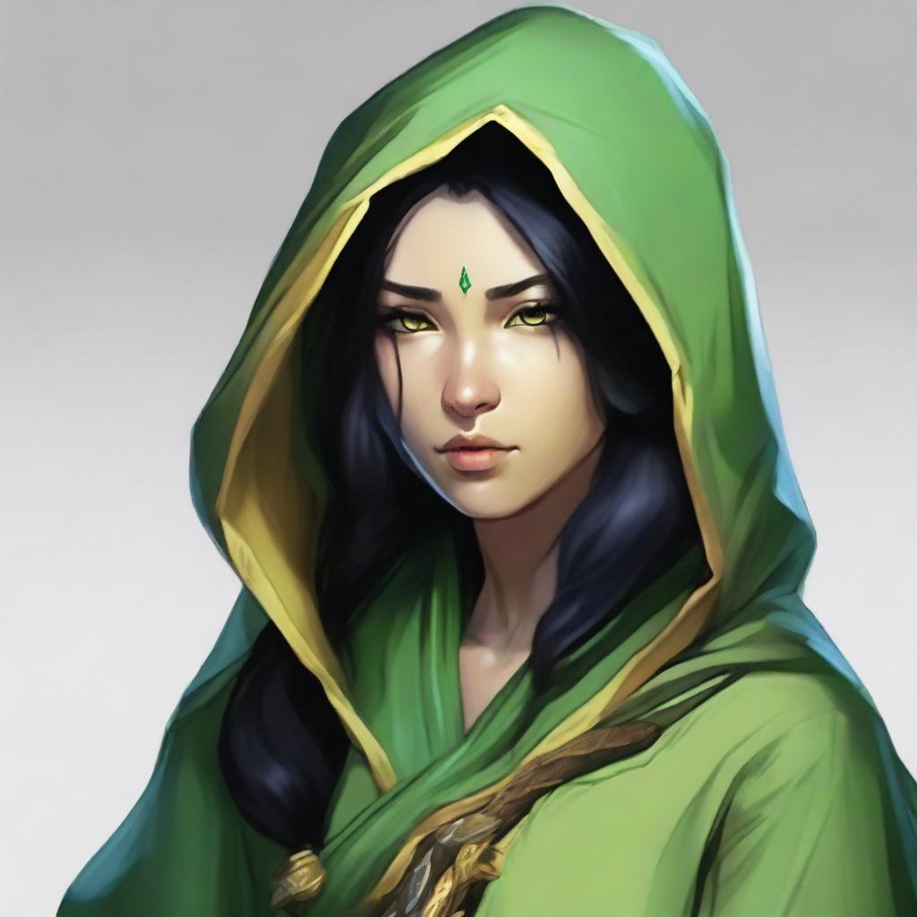 Create a portrait of a hooded Dungeons and Dragons Yuan-ti female character