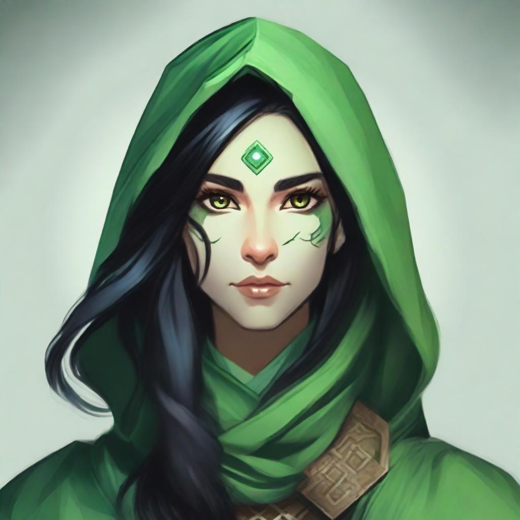 Create a portrait of a hooded Dungeons and Dragons yuan-ti female who has reptilian eyes, long black hair, and is wearing green robes