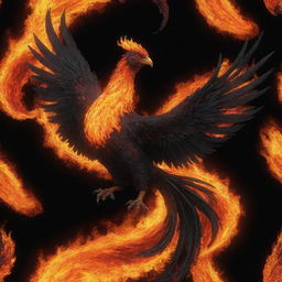 A fiery, aggressive phoenix rendered realistically, made entirely of flames with the emphasis on its powerful beak. Colors are a swirling mix of lava, black, red, and orange.