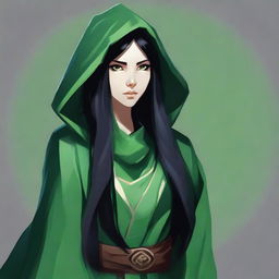 Create a portrait of a hooded Dungeons and Dragons yuan-ti female who has reptilian eyes, long black hair, and is wearing green robes