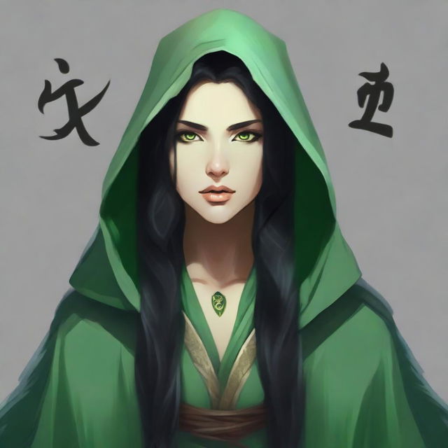 Create a portrait of a hooded Dungeons and Dragons yuan-ti female who has reptilian eyes, long black hair, and is wearing green robes