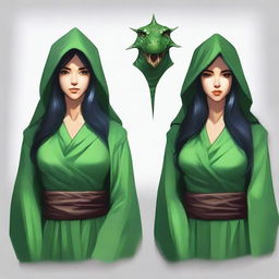 Create a portrait of a hooded Dungeons and Dragons yuan-ti female who has reptilian eyes, long black hair, and is wearing green robes