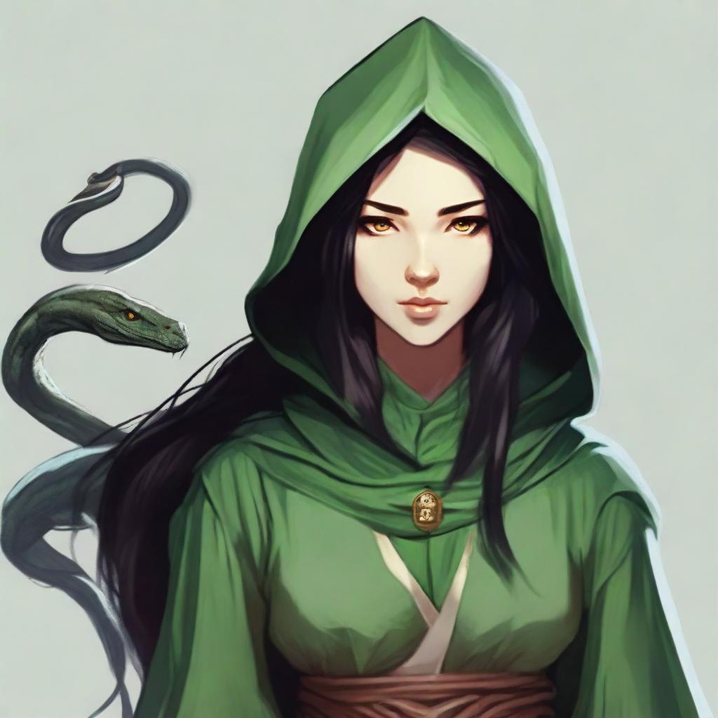 Create a portrait of a hooded Dungeons and Dragons Yuan-Ti female character