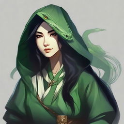 Create a portrait of a hooded Dungeons and Dragons Yuan-Ti female character