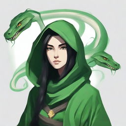 Create a portrait of a hooded Dungeons and Dragons Yuan-Ti female character