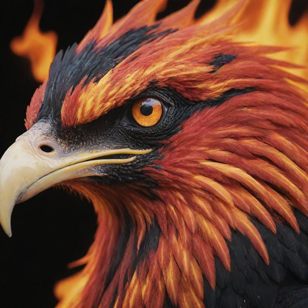 A detailed, close-up of the face of an aggressive, fiery phoenix, entirely engulfed in flames, with special focus on the beak. The colors portray a blend of lava, black, red, and orange.